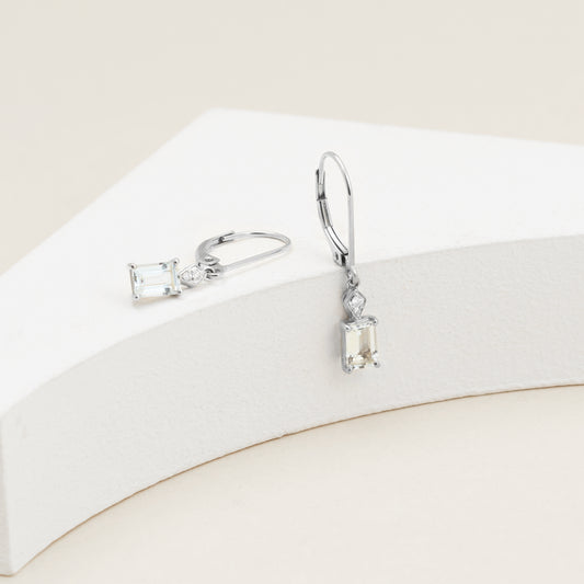 9K White Gold Emerald Cut Aquamarine Diamond Accent Drop Earrings