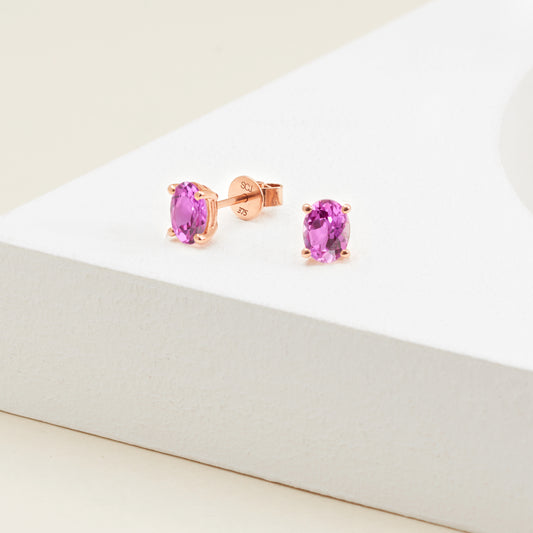 9K Rose Gold Oval Created Mulberry Sapphire Stud Earrings