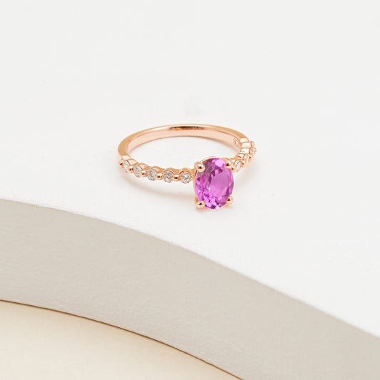 9K Rose Gold Oval Created Mulberry Sapphire and Diamond Ring 0.27tdw