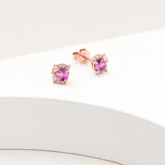 9k Rose Gold Created Mulberry Sapphire Half Halo Diamond Stud Earrings 0.38tdw