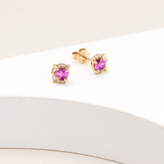 9k Yellow Gold Created Mulberry Sapphire Half Halo Diamond Stud Earrings 0.38tdw
