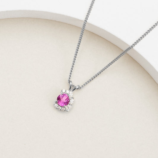 9K White Gold Created Mulberry Sapphire Half Halo Diamond Pendant 0.55tdw