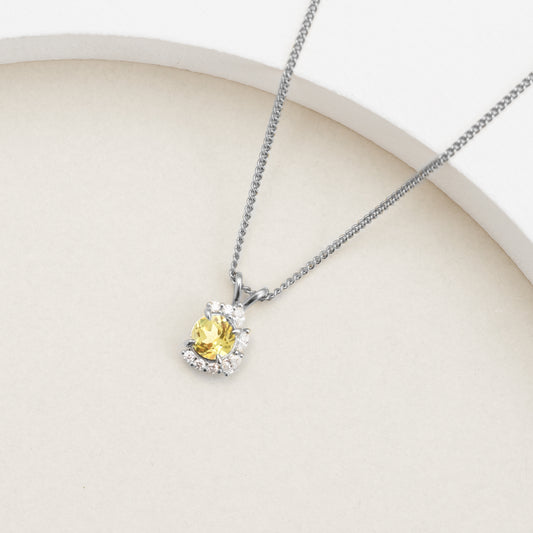 9K White Gold Created Yellow Sapphire Half Halo Diamond Pendant 0.55tdw
