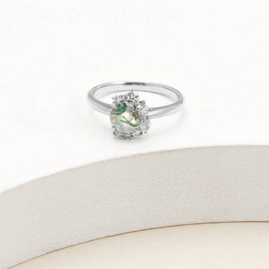 9K White Gold Moss Agate and Diamond Half Halo Ring 0.55tdw