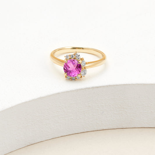 9K Yellow Gold Created Mulberry Sapphire and Diamond Half Halo Ring 0.55tdw