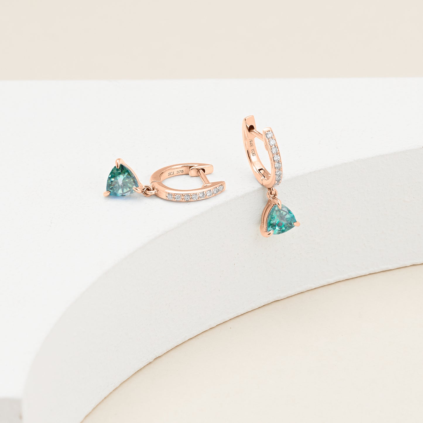 9K Rose Gold Trilliant Cut Created Alexandrite Diamond Earrings